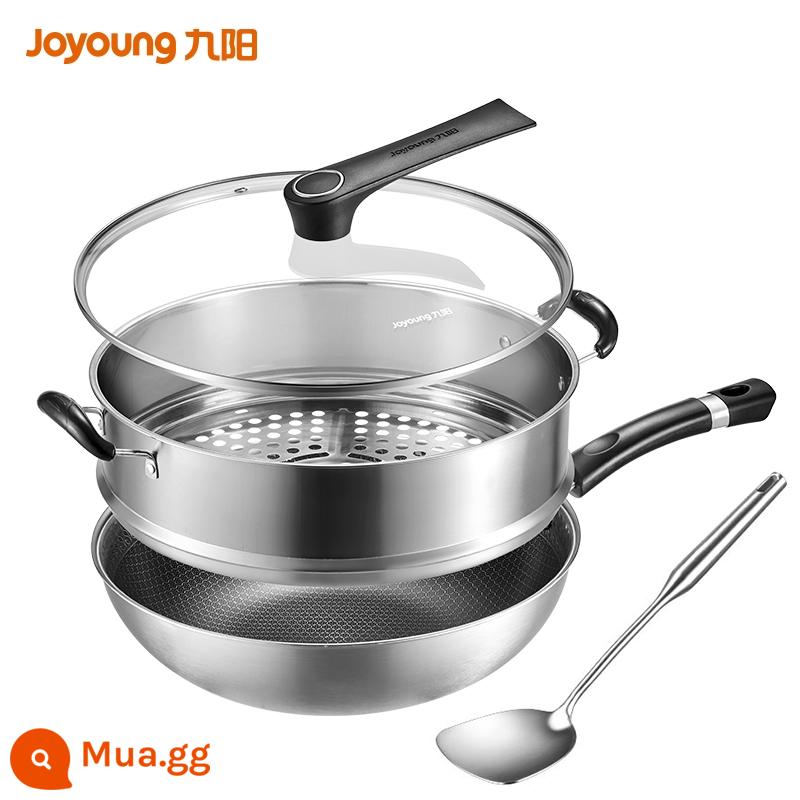 Joyoung Chảo Chống Dính Chảo Gia Dụng Chảo Inox 304 Chảo Cảm Ứng Bếp Gas Đặc Biệt Chảo Chảo - Mẫu hàng đầu - đường kính ngoài 32CM + nắp đứng + xẻng thép 304 + nồi hấp