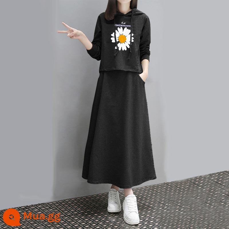 Phiên bản dài rất cổ tích Bộ đồ hai mảnh chữ T cotton dày thời trang rộng mỏng hợp thời trang 2022 phiên bản Hàn Quốc mùa xuân và mùa thu váy nữ giản dị váy phù hợp - Z802 màu đen