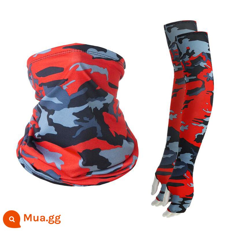 Mặt Nạ Chống Nắng Băng Lụa Băng Đô Cài Tóc Turban Gọng Nam Cổ Bao Mùa Hè Khăn Choàng Cổ Thể Thao Ngoài Trời Xe Đạp Mặt Khăn Đi Thiết Bị - Bộ kết hợp kiểu lụa băng sữa-ngụy trang đỏ [Mặt nạ + tay áo]