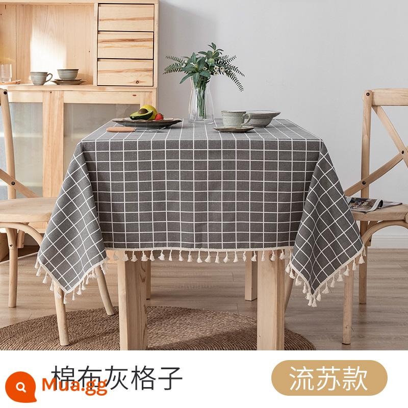 Khăn trải bàn bằng vải lanh và cotton kiểu Nhật ins gió hình chữ nhật retro ký túc xá bàn học sinh khăn trải bàn phòng ngủ lưới hoạt hình màu đỏ thảm trải bàn - Kẻ sọc chéo tua-bông màu xám