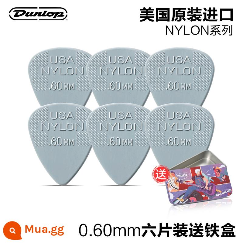 Sáu mảnh Dunlop Nylon do Mỹ sản xuất Dunlop nylon mái chèo bom tốc độ chống trượt điện gỗ đàn guitar ngón tay mảnh mùa xuân - [Gói sáu chiếc] NYLON 0,60mm+hộp sắt