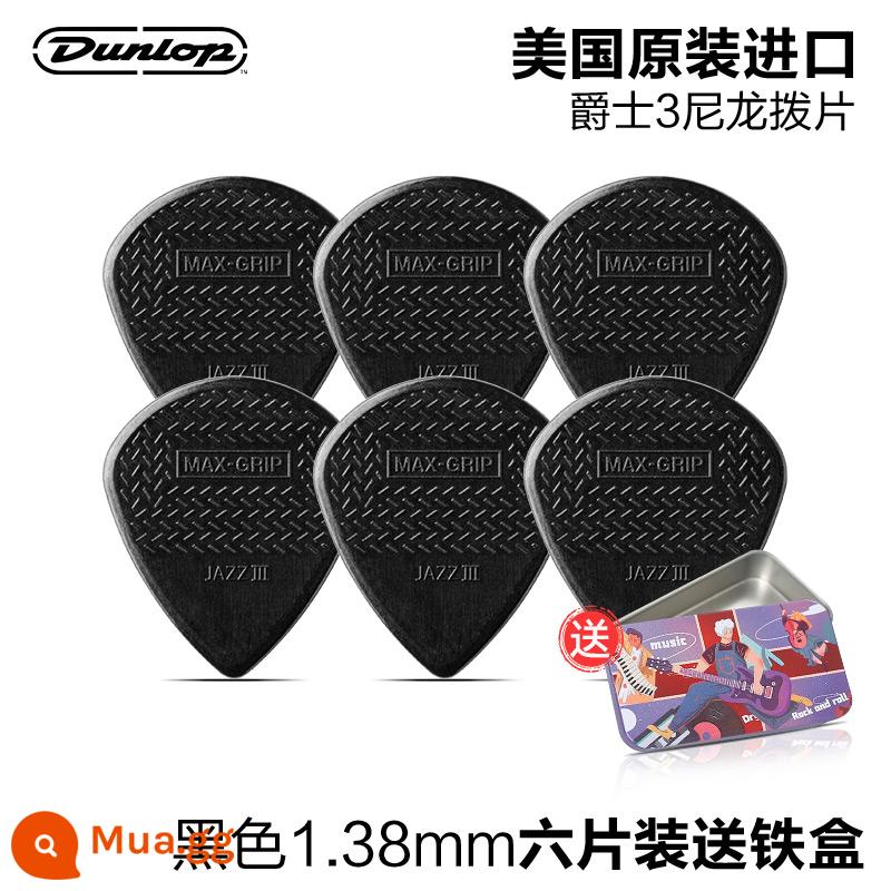 Sáu mảnh Dunlop Nylon do Mỹ sản xuất Dunlop nylon mái chèo bom tốc độ chống trượt điện gỗ đàn guitar ngón tay mảnh mùa xuân - [Gói 6 chiếc] JAZZ III nylon đen 1.38mm + hộp sắt