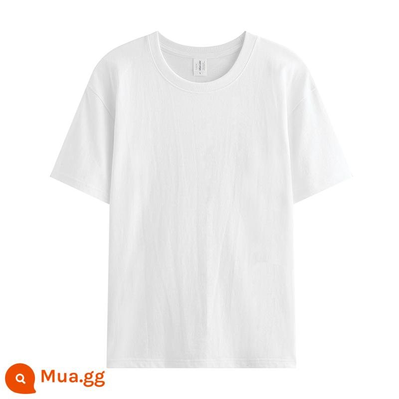 Nặng 300G Tân Cương cotton nguyên chất cổ tròn rộng dày phong cách cổ điển Mỹ màu trắng tinh khiết đường viền cổ áo ngắn tay cho nam và nữ - Trắng