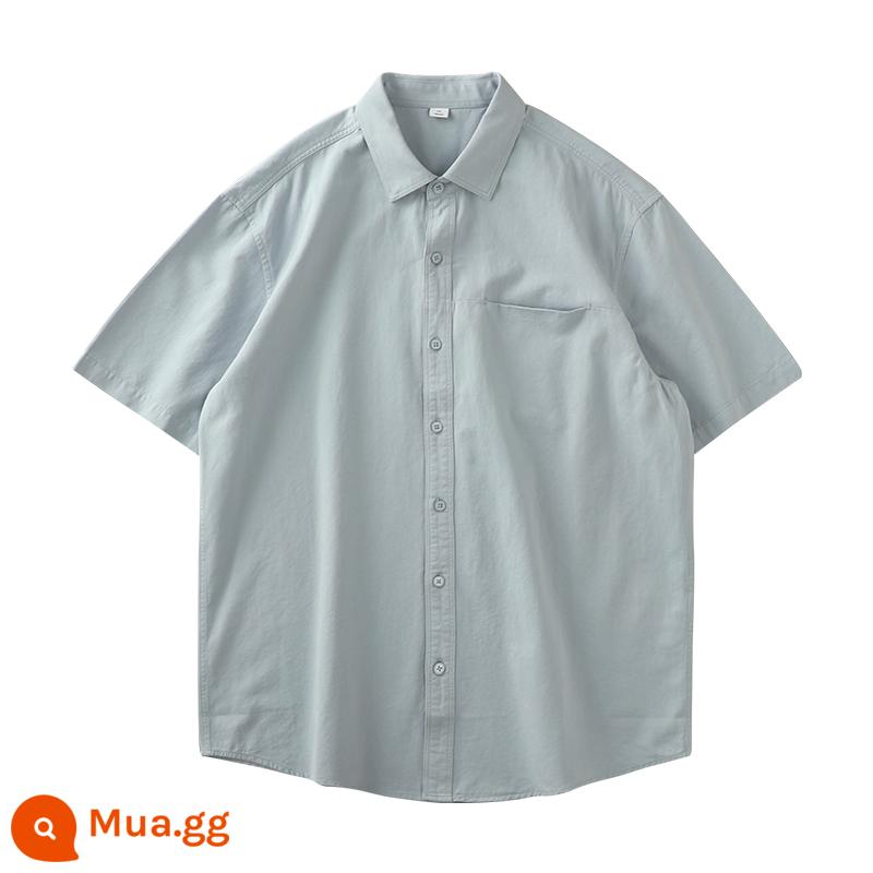 Áo sơ mi dài tay cotton nặng của Mỹ mùa xuân và mùa thu cao cấp giản dị màu trơn áo sơ mi trắng áo khoác hợp thời trang - Màu xanh (tay áo ngắn)