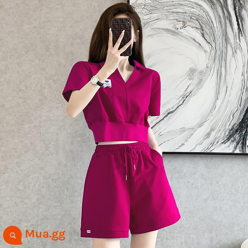 Quần short cotton mùa hè bộ đồ thể thao giản dị nữ lưới nhỏ màu đỏ nước hoa thời trang hai mảnh phong cách nước ngoài xu hướng cao cấp Hàn Quốc - màu thanh long