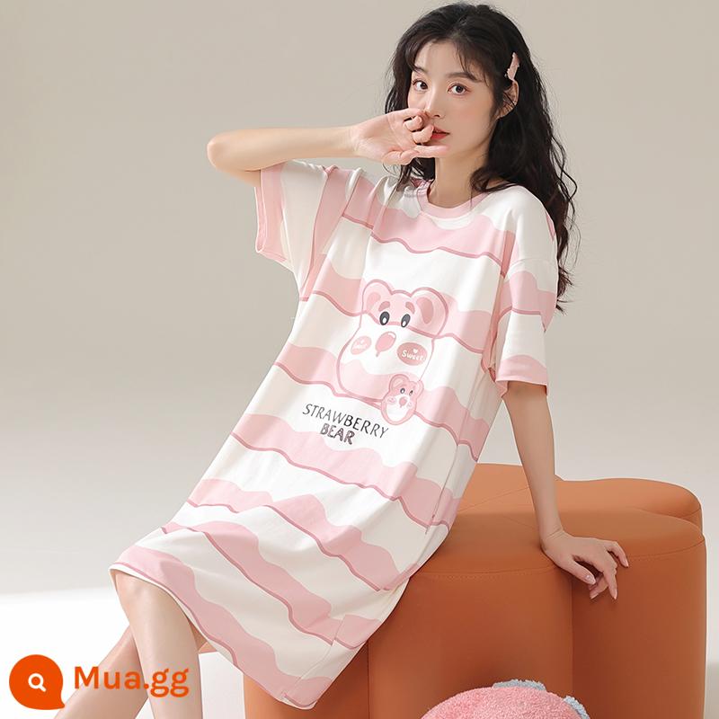 Váy ngủ mới 2023 nữ mùa hè cotton nguyên chất tay ngắn màu hồng dịu dàng nữ sinh bộ đồ ngủ nhỏ gợi cảm nữ mùa hè - A11674#