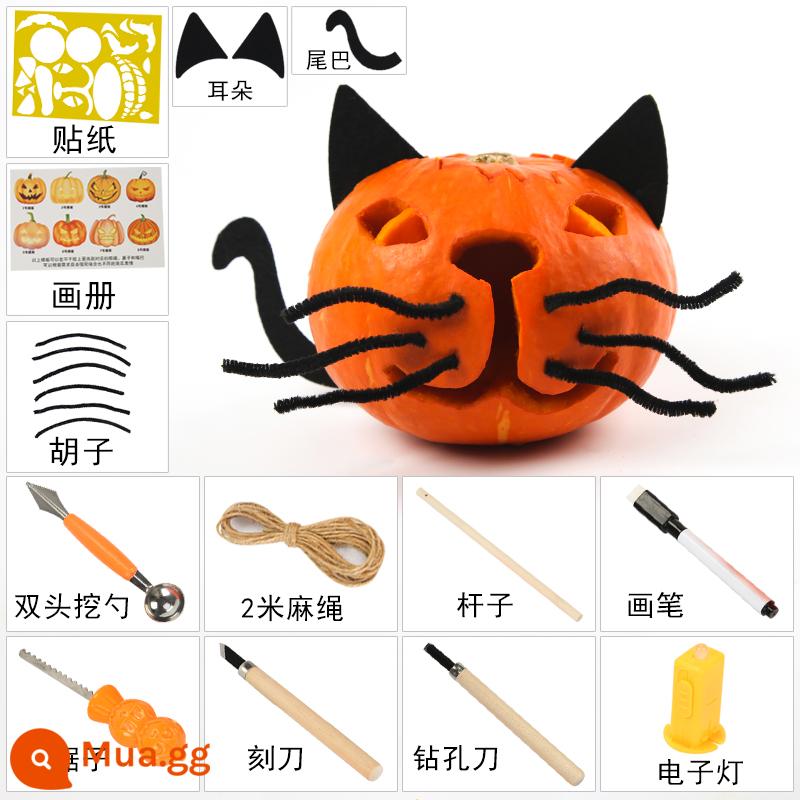 Trẻ Em Chạm Khắc Thật Bí Ngô DIY Halloween Đèn Lồng Bí Ngô Bí Ngô Thùng Đèn Lồng Trang Trí Dụng Cụ Chất Liệu Gói - Mô hình mèo (bí ngô lớn + túi đựng dụng cụ bộ 13 món)