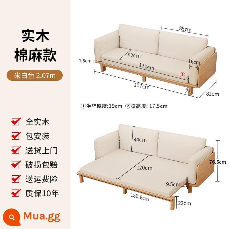 2022 mới hoàn toàn bằng gỗ nguyên khối sofa giường gấp đa năng ngồi và nằm một giường đa năng phòng khách giường gấp sofa - [Bông và vải lanh có thể tháo rời và giặt được] Lắp đặt gói màu trắng nhạt 2,07M