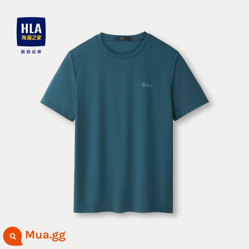 HLA/Heilan Nhà Nam Cotton Nguyên Chất Áo Thun Tay Ngắn Mùa Hè 2024 Màu Cổ Tròn Đơn Giản In Chữ Hàng Đầu dành Cho Nam - Xanh vừa 6C