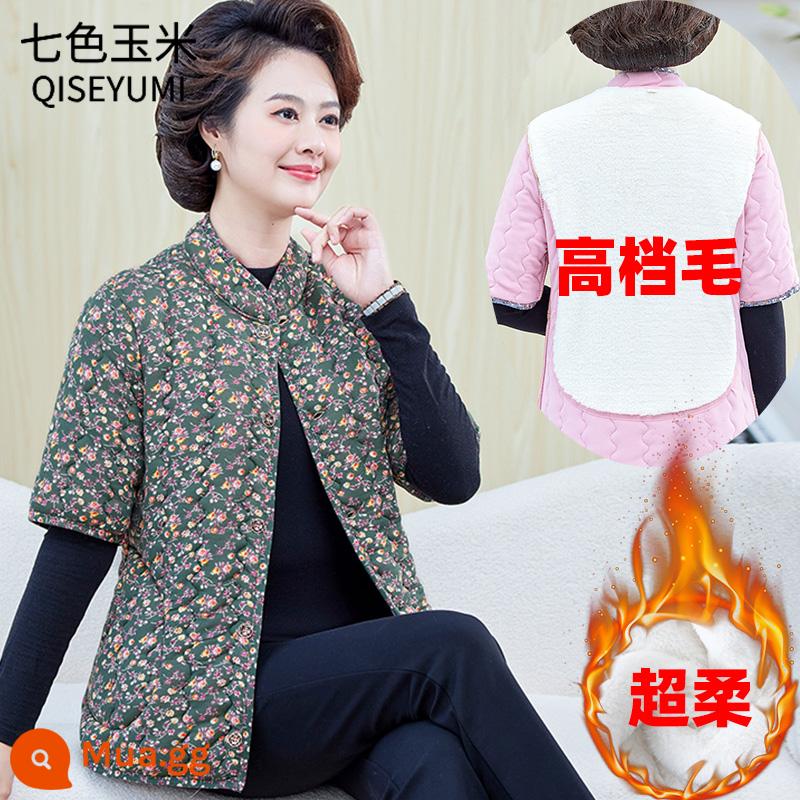 Áo vest cotton mùa đông cho mẹ trung niên Áo khoác cotton ngắn tay dày dặn của phụ nữ Áo khoác mùa thu đông trung niên và người cao tuổi 50 cộng với áo vest cotton nhung - màu xanh lá