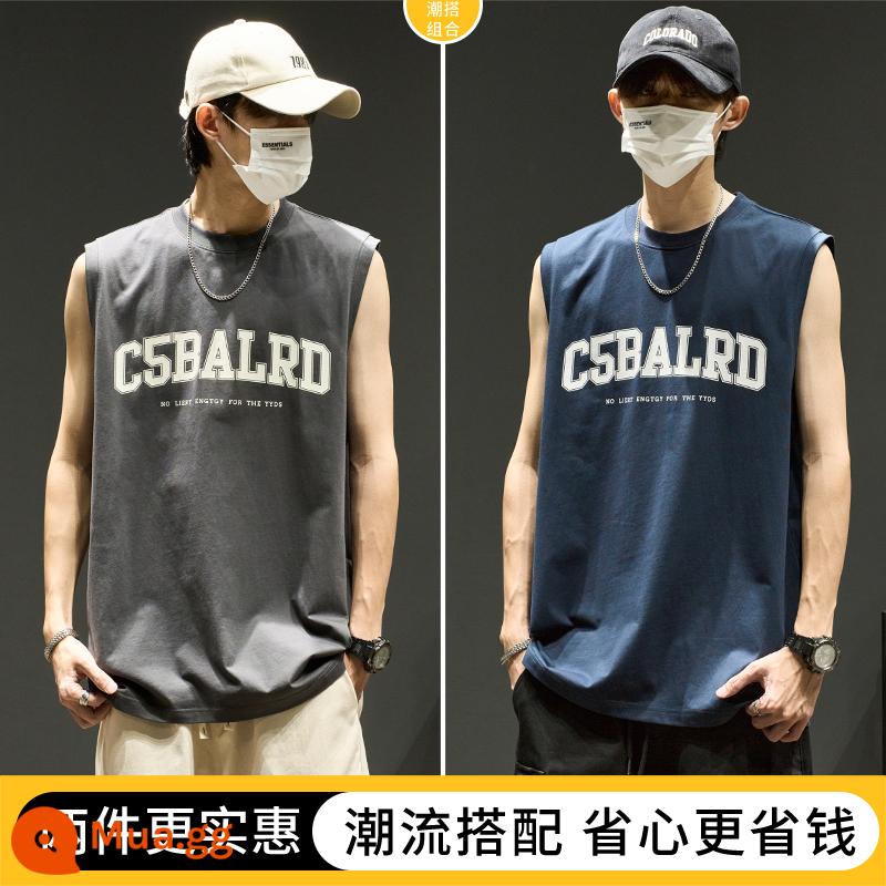 Áo vest bé trai Mỹ triều thương hiệu chữ rời hip-hop vest cotton mùa hè xu hướng thể thao áo khoác ngoài áo thun không tay - Màu xanh hải quân + xám đậm [Mua hai chiếc, giảm 10 tệ]