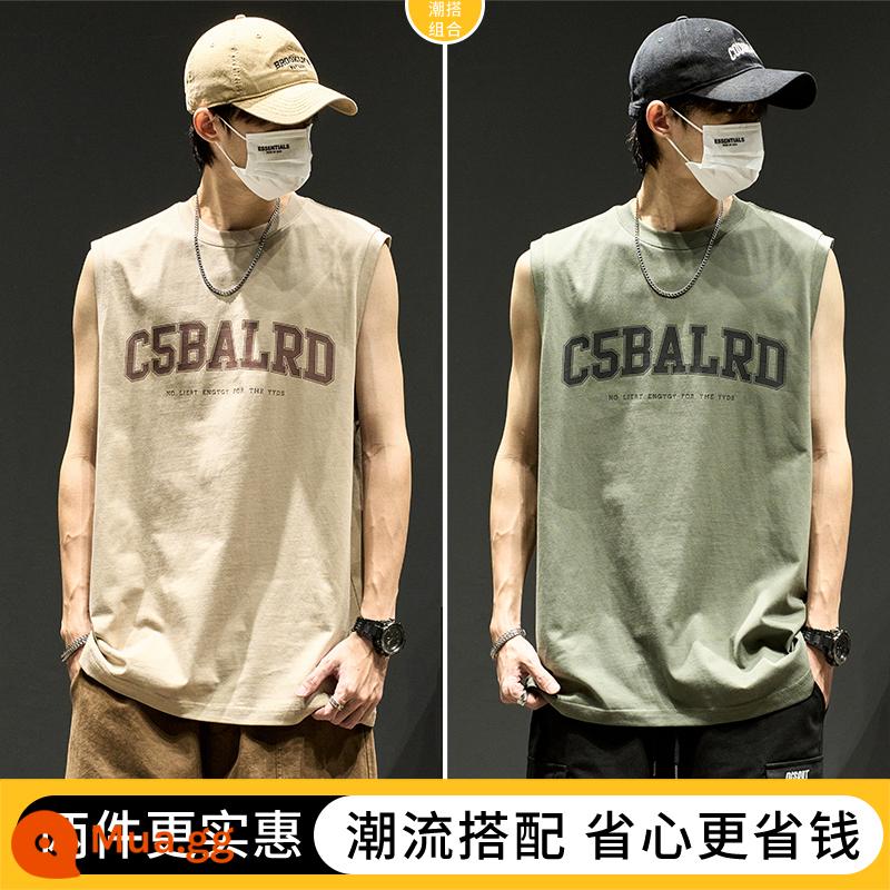 Áo vest bé trai Mỹ triều thương hiệu chữ rời hip-hop vest cotton mùa hè xu hướng thể thao áo khoác ngoài áo thun không tay - Khaki + Xanh [Mua hai chiếc, giảm 10 nhân dân tệ]