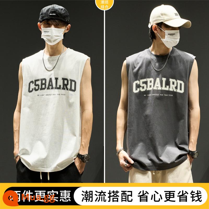 Áo vest bé trai Mỹ triều thương hiệu chữ rời hip-hop vest cotton mùa hè xu hướng thể thao áo khoác ngoài áo thun không tay - Trắng + xám đậm [Mua hai chiếc, giảm 10 tệ]