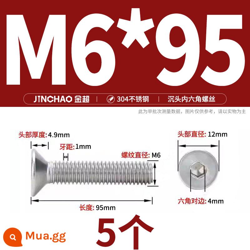 Jinchao 304 thép không gỉ chìm đầu vít lục giác bu lông đầu phẳng phẳng cốc vít M2.5M34M6M8M10M12 - M6*95(5 cái)