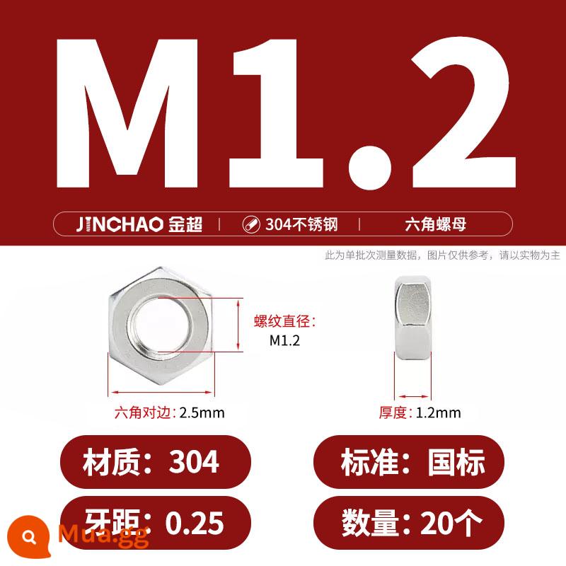 Bu lông đai ốc lục giác inox 304 316 đai ốc mũ vít M3M4M5M6M8M10M12-M33 - M1.2(20 chiếc)304