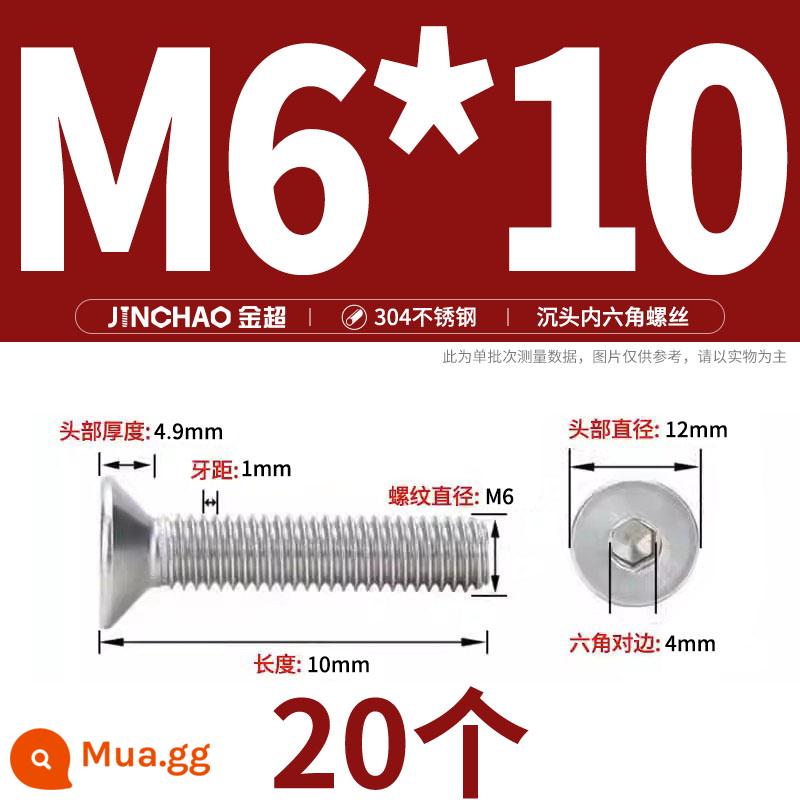 Jinchao 304 thép không gỉ chìm đầu vít lục giác bu lông đầu phẳng phẳng cốc vít M2.5M34M6M8M10M12 - M6*10(20 cái)