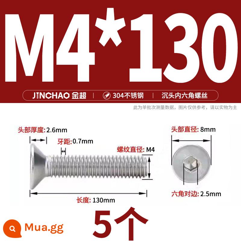 Jinchao 304 thép không gỉ chìm đầu vít lục giác bu lông đầu phẳng phẳng cốc vít M2.5M34M6M8M10M12 - M4*130(5 cái)