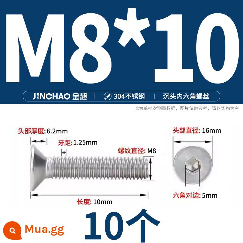 Jinchao 304 thép không gỉ chìm đầu vít lục giác bu lông đầu phẳng phẳng cốc vít M2.5M34M6M8M10M12 - M8*10(10 cái)