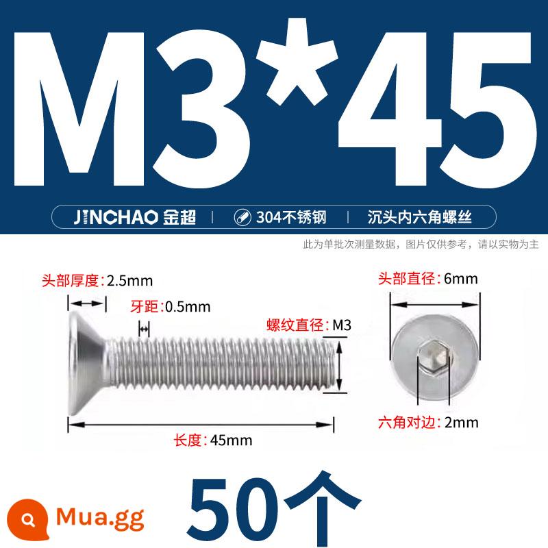 Jinchao 304 thép không gỉ chìm đầu vít lục giác bu lông đầu phẳng phẳng cốc vít M2.5M34M6M8M10M12 - M3*45(50 cái)