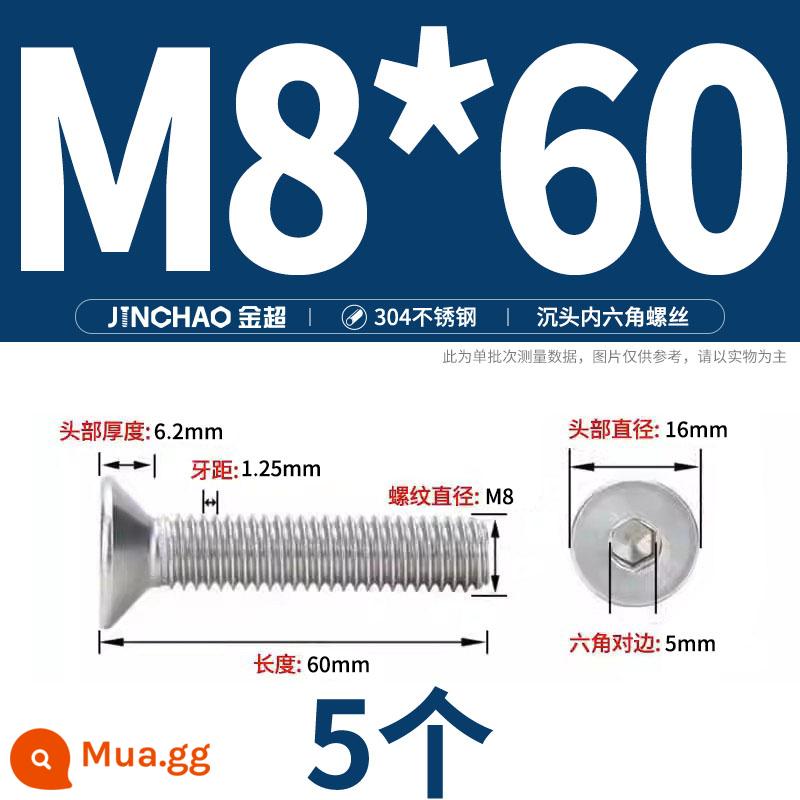 Jinchao 304 thép không gỉ chìm đầu vít lục giác bu lông đầu phẳng phẳng cốc vít M2.5M34M6M8M10M12 - M8*60(5 cái)