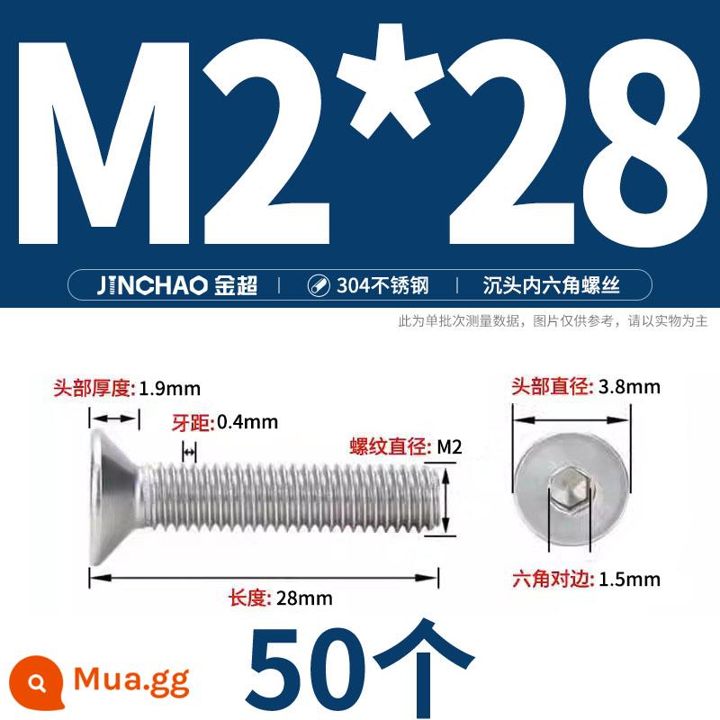 Jinchao 304 thép không gỉ chìm đầu vít lục giác bu lông đầu phẳng phẳng cốc vít M2.5M34M6M8M10M12 - M2*28(50 cái)