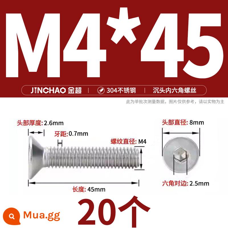 Jinchao 304 thép không gỉ chìm đầu vít lục giác bu lông đầu phẳng phẳng cốc vít M2.5M34M6M8M10M12 - M4*45(20 miếng)