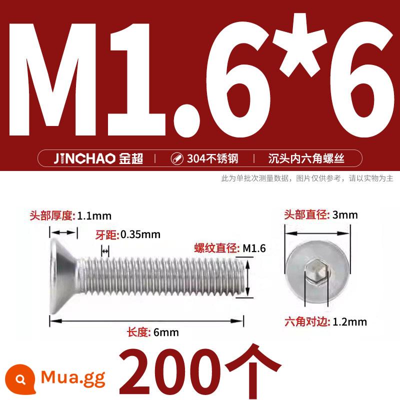 Jinchao 304 thép không gỉ chìm đầu vít lục giác bu lông đầu phẳng phẳng cốc vít M2.5M34M6M8M10M12 - M1.6*6(200 cái)