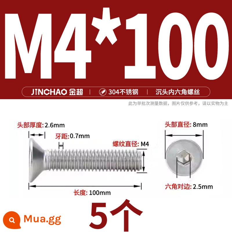 Jinchao 304 thép không gỉ chìm đầu vít lục giác bu lông đầu phẳng phẳng cốc vít M2.5M34M6M8M10M12 - M4*100(5 cái)