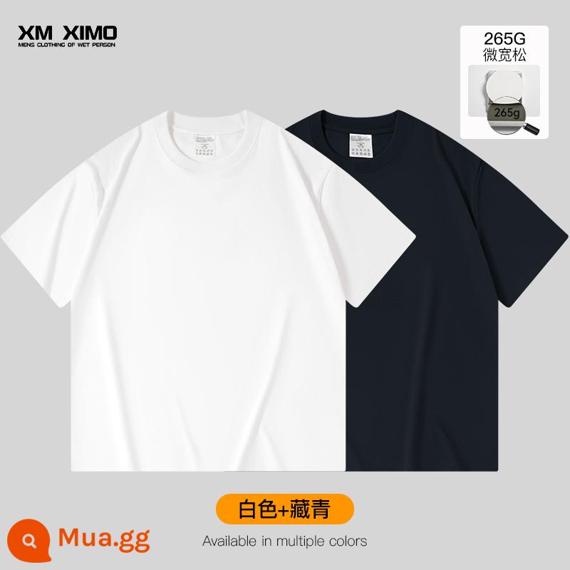 Bộ hai món ~ Áo thun nam ngắn tay màu trắng cotton nguyên chất nặng 355g cổ tròn dáng rộng cho nam giới mùa xuân hè bên trong xếp lớp thương hiệu hợp thời trang - [Gói 2❤️265G Micro Loose] Trắng + Xanh Navy