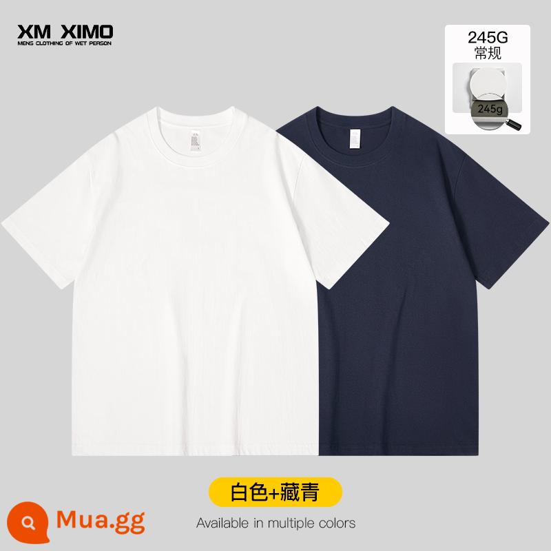 Bộ hai món ~ Áo thun nam ngắn tay màu trắng cotton nguyên chất nặng 355g cổ tròn dáng rộng cho nam giới mùa xuân hè bên trong xếp lớp thương hiệu hợp thời trang - [2 gói❤️245G tay ngắn thường] Trắng + Navy