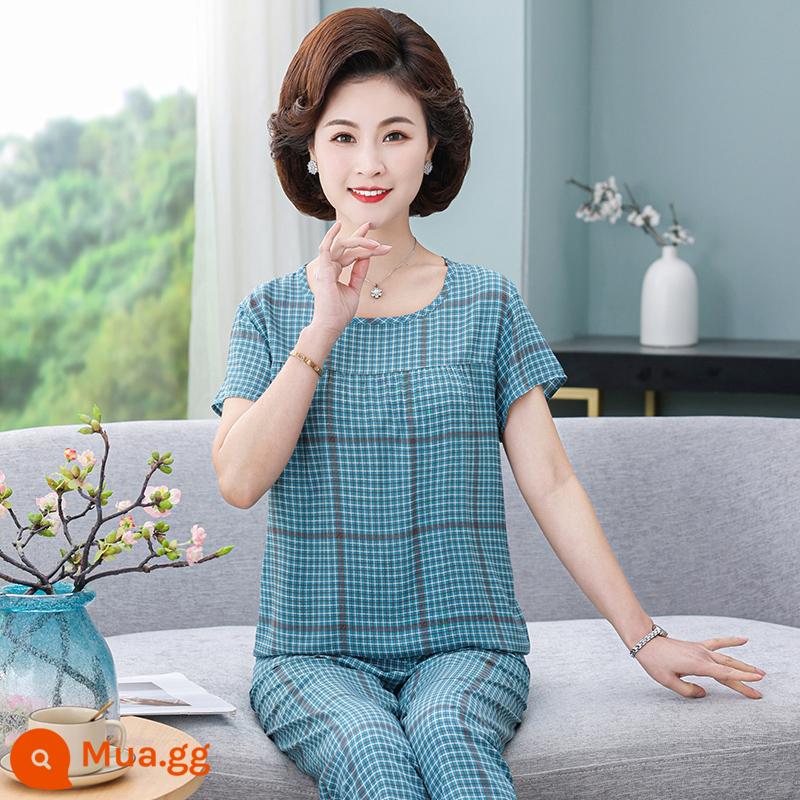 Bộ đồ ngủ lụa cotton cho mẹ của phụ nữ mùa hè mỏng cho người trung niên và người già Bộ quần áo ở nhà bằng cotton nhân tạo 2023 bộ đồ hai mảnh ngắn tay mới - Độc đáo (màu xanh)