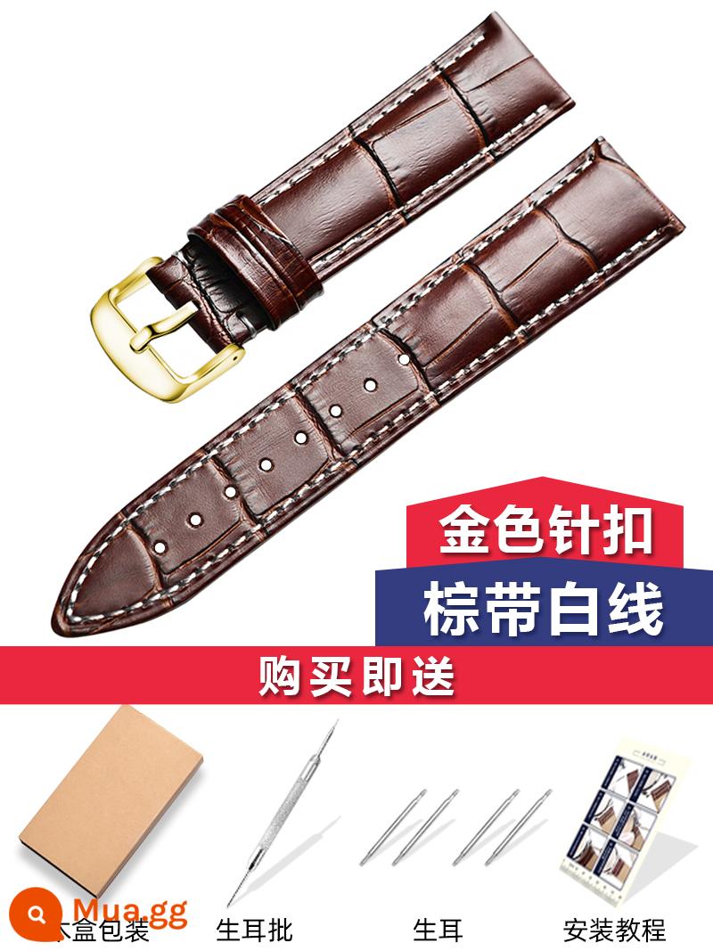 Dây da nam nữ khóa chốt dây đồng hồ phụ kiện thay thế CASIO Longines Tissot dw20mm22mm retro - Khóa cài vàng [màu nâu với sợi trắng]