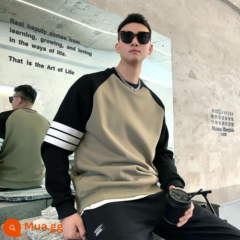 Raglan màu tương phản cộng với áo len lông cừu nam mùa xuân mới cổ tròn rộng hàng đầu dành cho giới trẻ hợp thời trang thương hiệu đẹp trai phổ biến dài tay - Màu xanh lá cây (cộng với nhung)