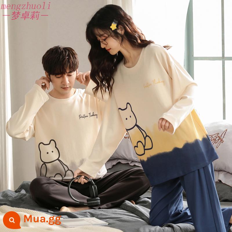 Bộ đồ ngủ cặp đôi mùa xuân và mùa thu áo chui đầu dài tay bằng cotton nguyên chất có thể mặc bên ngoài cho nam và nữ quần áo ở nhà hoạt hình cotton thu đông dễ thương - Cặp đôi TSM96118