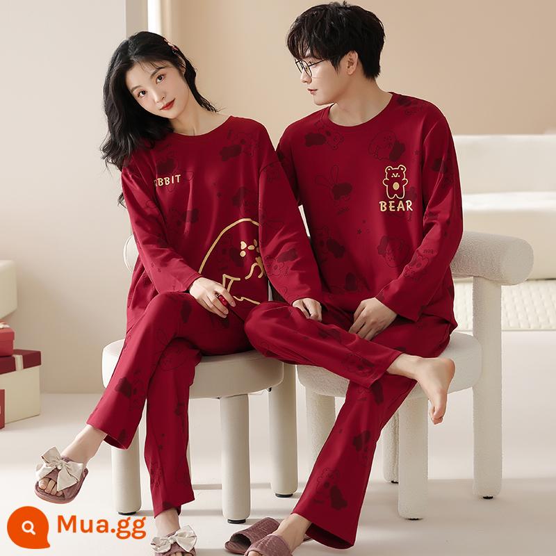 Bộ đồ ngủ cặp đôi mùa xuân và mùa thu áo chui đầu dài tay bằng cotton nguyên chất có thể mặc bên ngoài cho nam và nữ quần áo ở nhà hoạt hình cotton thu đông dễ thương - Cặp đôi TSM96817