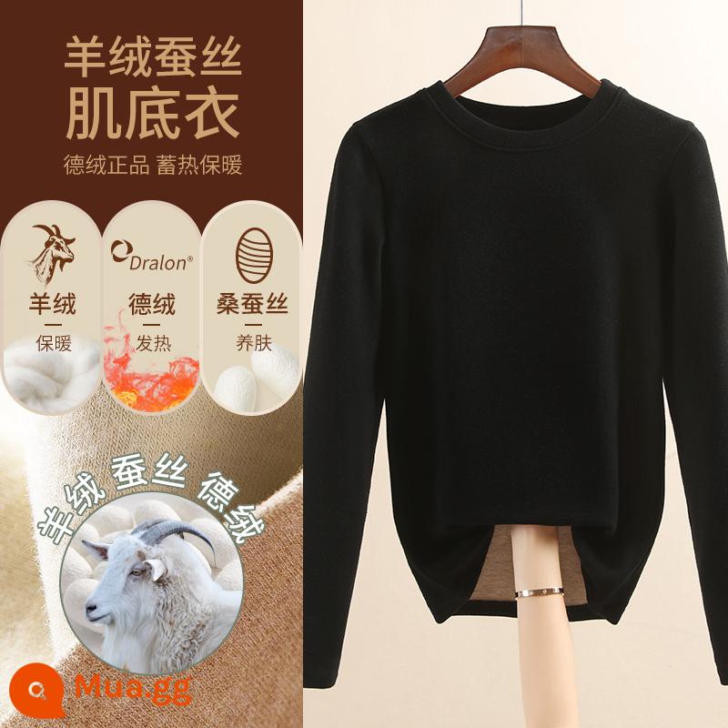 Áo sơ mi nữ đáy nhung lụa cashmere Đức 2022 kiểu mới cộng nhung dày ấm thu đông phong cách nước ngoài - đen/cổ thuyền