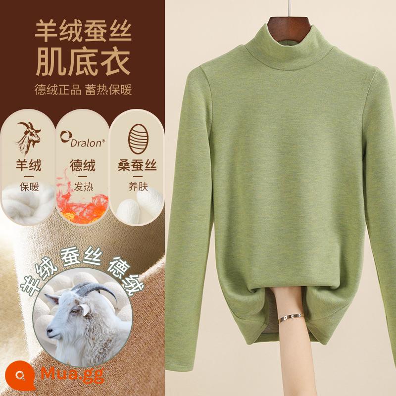 Áo sơ mi nữ đáy nhung lụa cashmere Đức 2022 kiểu mới cộng nhung dày ấm thu đông phong cách nước ngoài - cổ áo màu xanh lá cây/giữa