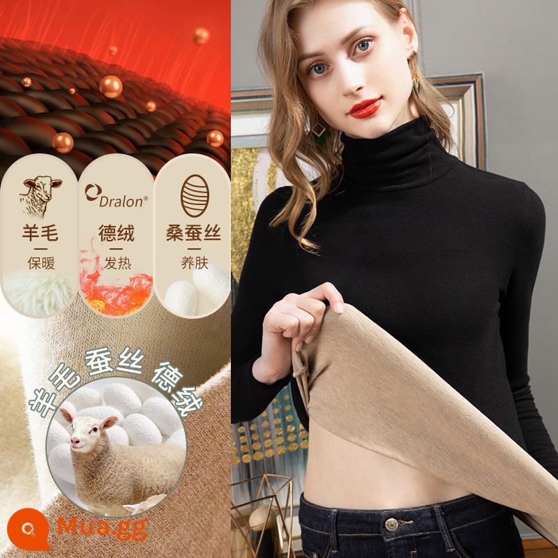 Áo sơ mi nữ cổ cao có đáy bằng lụa cashmere nhung Đức mùa thu đông 2022 cổ cao lớp bên trong cộng nhung dày sưởi ấm màu đen - Áo cổ rùa/màu đen [Nhung Zhende+lụa+cashmere]