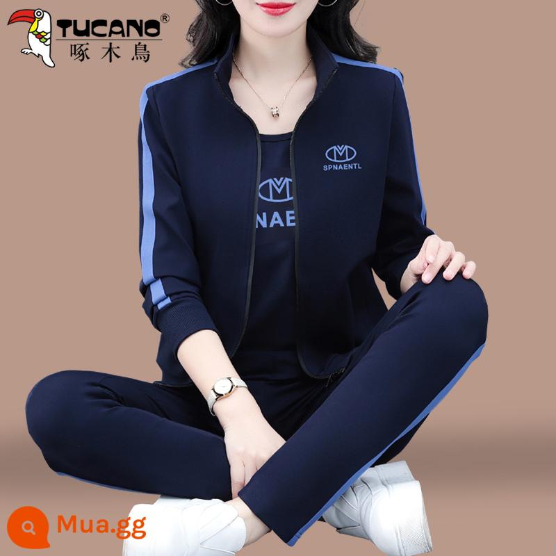 Chim Gõ Kiến Áo Thể Thao Bộ Đồ Nữ Xuân Thu 2023 Mới Thu Mẹ Trung Niên Áo Khoác Cardigan 3 Bộ - Màu xanh hải quân (áo khoác + tay áo ngắn + quần)