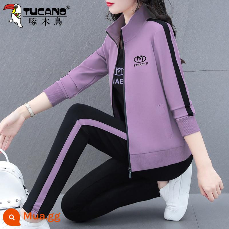 Chim Gõ Kiến Áo Thể Thao Bộ Đồ Nữ Xuân Thu 2023 Mới Thu Mẹ Trung Niên Áo Khoác Cardigan 3 Bộ - Khoai môn tím (áo + quần)