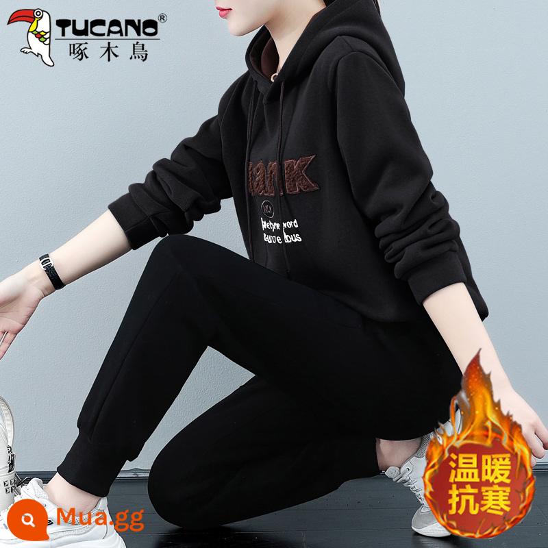 Chim Gõ Kiến Mùa Đông Trang Bộ Đồ Thể Thao Nữ 2022 Mới Rời Cổ Nữ Hoodie 2 Bộ - Đen [dày nhung]