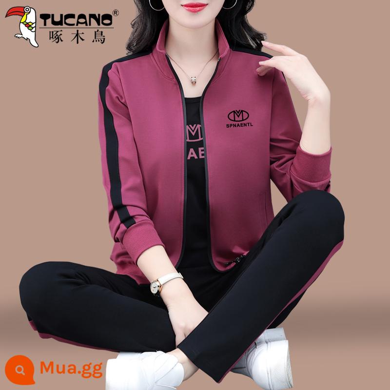 Chim Gõ Kiến Áo Thể Thao Bộ Đồ Nữ Xuân Thu 2023 Mới Thu Mẹ Trung Niên Áo Khoác Cardigan 3 Bộ - Bột đậu đỏ (áo khoác + tay ngắn + quần)