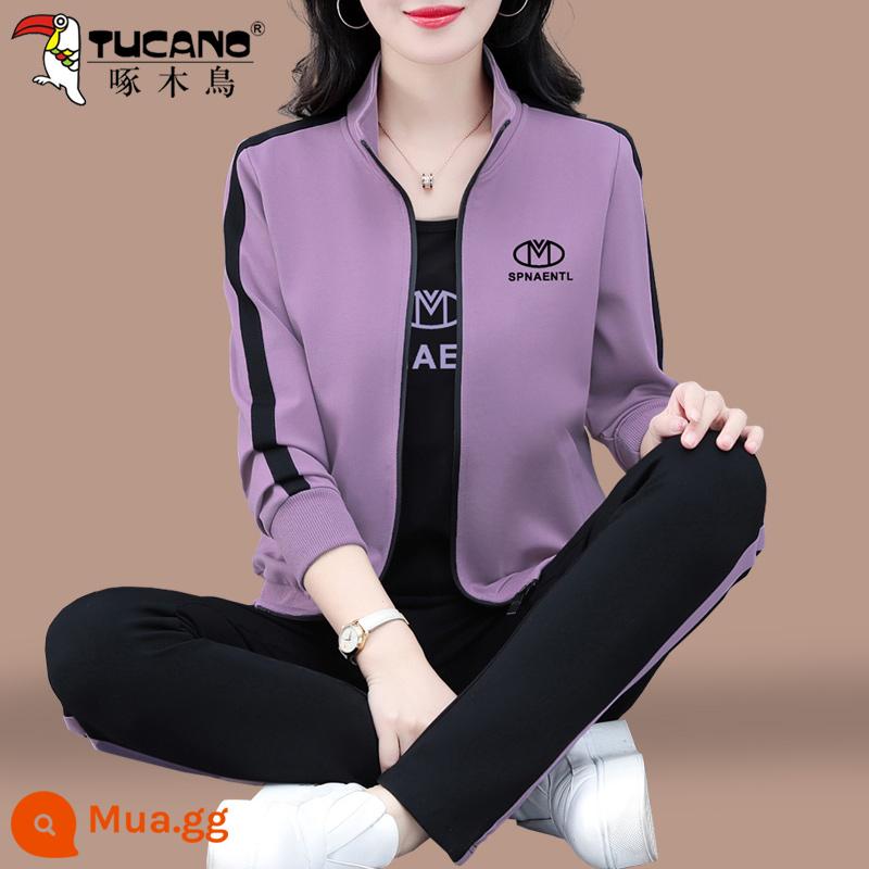 Chim Gõ Kiến Áo Thể Thao Bộ Đồ Nữ Xuân Thu 2023 Mới Thu Mẹ Trung Niên Áo Khoác Cardigan 3 Bộ - Tím khoai môn (áo khoác + tay ngắn + quần)