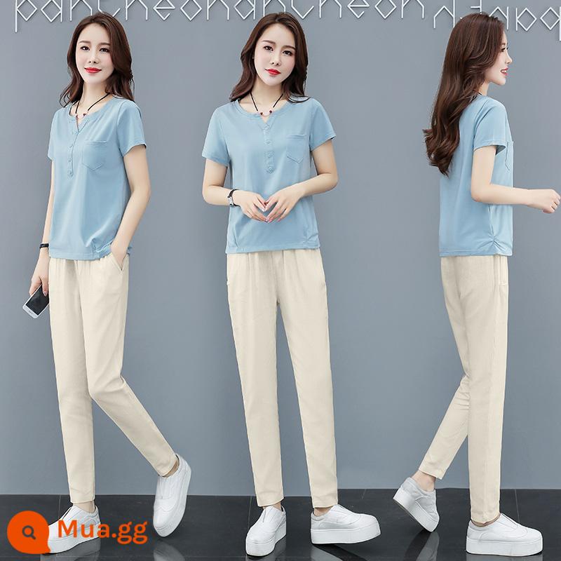 Bộ đồ thể thao nữ mùa hè 2023 mới cao cấp thương hiệu cotton nguyên chất thời trang giản dị hai mảnh vải lanh mỏng 2022 - Màu xanh (bộ 2 cái)