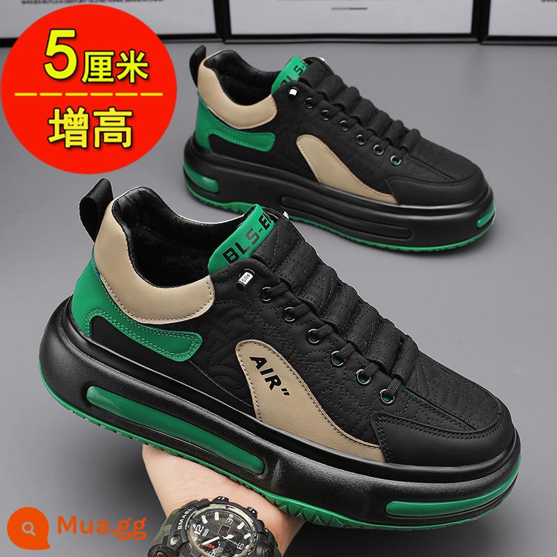 Nhà Ga Châu Âu Giày Nam Mùa Xuân Giày Lười Thể Thao Da Đen Giày Sneaker Tăng Chiều Cao Tất Cả Các Trận Đấu Forrest Gump Giày Hợp Thời Trang - Đen và xanh lá cây (đệm nâng)