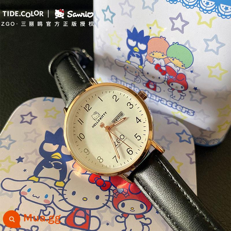 Tidecolor doanh HelloKitty đồng hồ nữ học sinh THCS Hello nữ học sinh THCS chống thấm nước - 2108 phong cách đai đen [có lịch tuần]