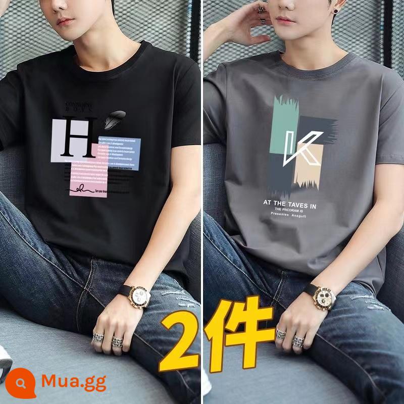 2 cái] Semir Group cotton áo thun nam ngắn tay cotton mới thời trang mùa hè bán tay nửa tay trẻ trung phù hợp với mọi lứa tuổi - Lông đen + big K xám đen