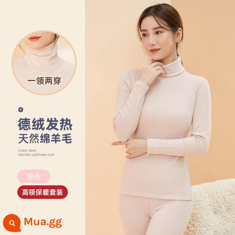 Nanjiren De nhung len giữa cao cổ sưởi ấm quần áo bên trong của phụ nữ mặc đáy áo sơ mi liền mạch cộng với nhung dài johns phù hợp với mùa đông - Hồng [bộ đồ len cổ rùa]