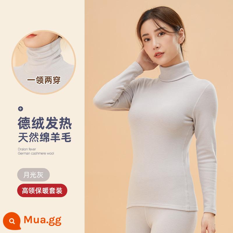 Nanjiren De nhung len giữa cao cổ sưởi ấm quần áo bên trong của phụ nữ mặc đáy áo sơ mi liền mạch cộng với nhung dài johns phù hợp với mùa đông - Màu xám ánh trăng [Bộ đồ len cổ lọ]