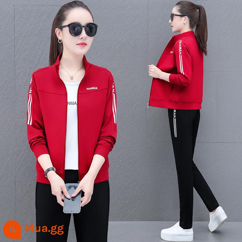 Thương Hiệu Nổi Tiếng Bộ Đồ Thể Thao Nữ Xuân Thu 2023 Áo Cardigan Thời Trang Mới Cotton Dày Dặn Nữ Phong Cách Nước Ngoài Bộ Đồ Ba Mảnh Giản Dị Giảm Tuổi - 6209 đỏ [bộ hai món]